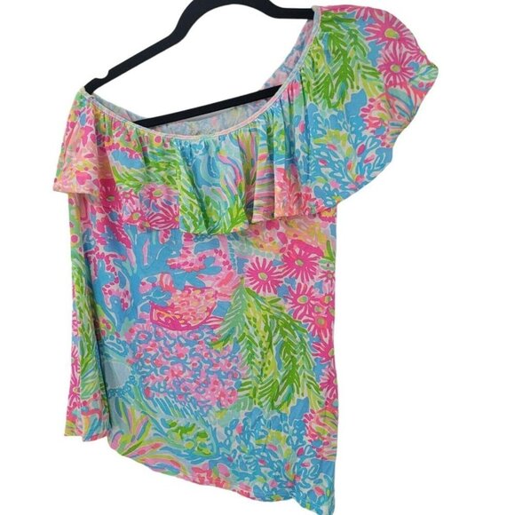 Lilly Pulitzer Tops - Lilly Pulitzer Floral One Shoulder Ruffle Top Womens Small Coral Beach Vacation